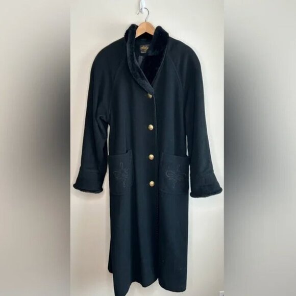 Long Over Coat Premium Virgin Wool Cashmere Faux Fur Collar Black Large Petite - Picture 1 of 9
